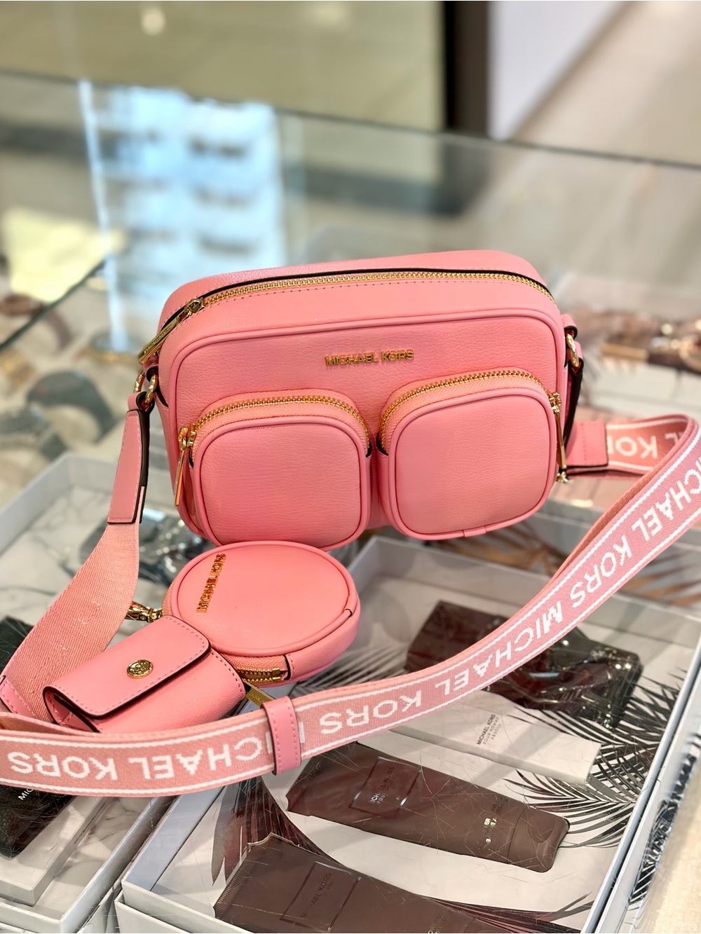 Michael Kors Pink Leather Triple-Pouch Crossbody Bag Carnation